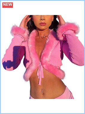 Faux Fur Trim Tie-Up Cropped Cardigan Sweater Long Sleeve